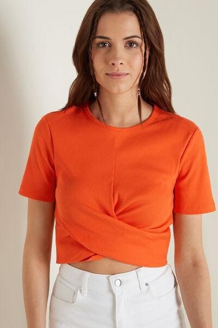 Tezenis - Orange Short-Sleeved Ribbed Top With Cross Detail