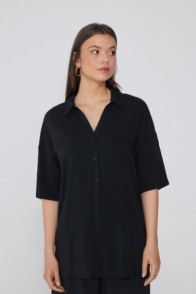 Black Short Sleeve Canvas Shirt, , large image number 0