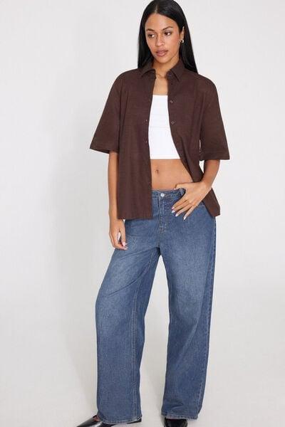 Brown Short Sleeve 100% Cotton Shirt, 5701_325Z, large image number 0