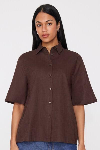 Brown Short Sleeve 100% Cotton Shirt, 5701_325Z, large image number 1