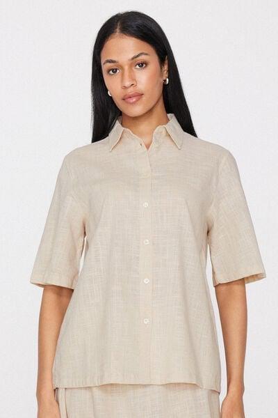 Beige Short Sleeve 100% Cotton Shirt, 5701_350Z, large image number 1