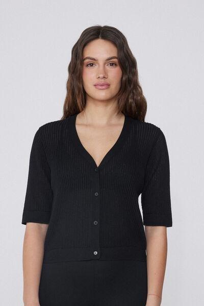 Black Ribbed Openwork Cardigan, , large image number 0