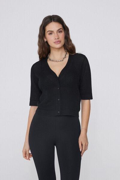 Black Ribbed Openwork Cardigan, , large image number 1