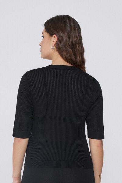 Black Ribbed Openwork Cardigan, , large image number 2