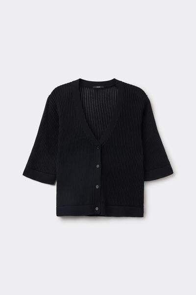 Black Ribbed Openwork Cardigan, , large image number 4