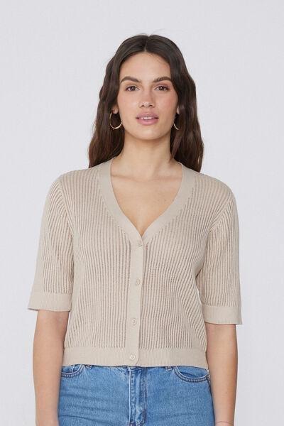 Ecru Ribbed Openwork Cardigan, , large image number 0