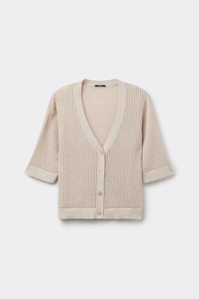 Ecru Ribbed Openwork Cardigan, , large image number 4