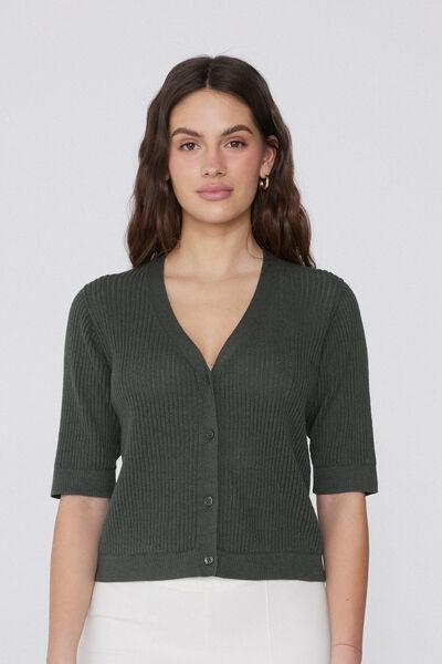 Green Ribbed Openwork Cardigan, , large image number 0
