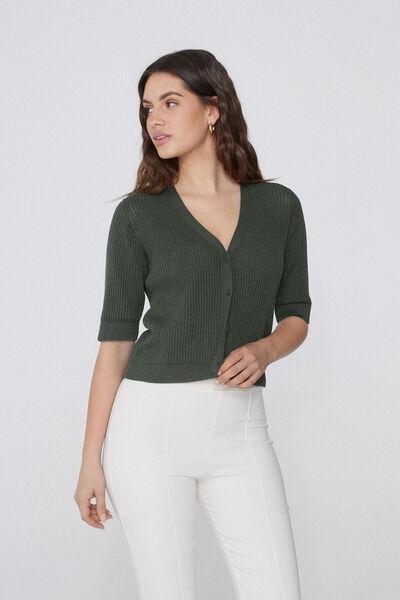 Green Ribbed Openwork Cardigan, , large image number 1
