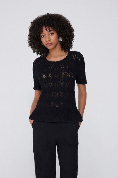 Black Short Sleeve Crochet Top, , large image number 1