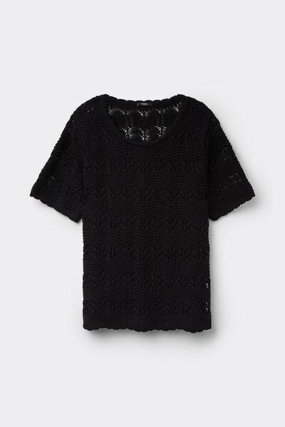 Black Short Sleeve Crochet Top, Black, large image number 4