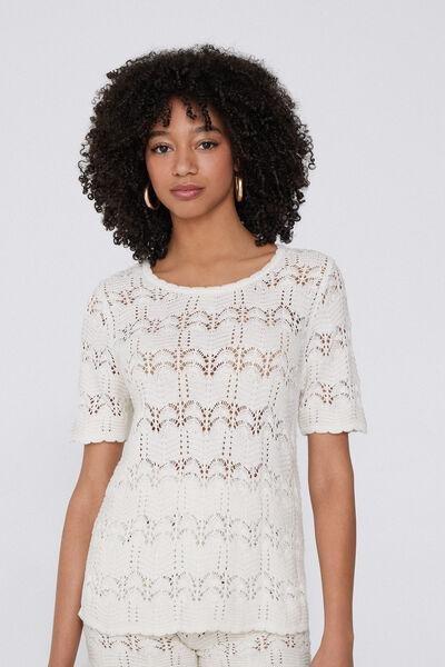 Cream Short Sleeve Crochet Top, , large image number 0