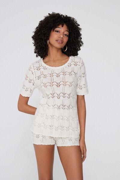 Cream Short Sleeve Crochet Top, , large image number 1