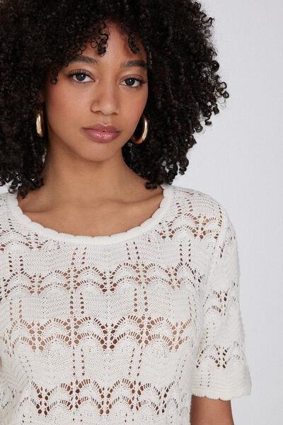 Cream Short Sleeve Crochet Top, , large image number 3