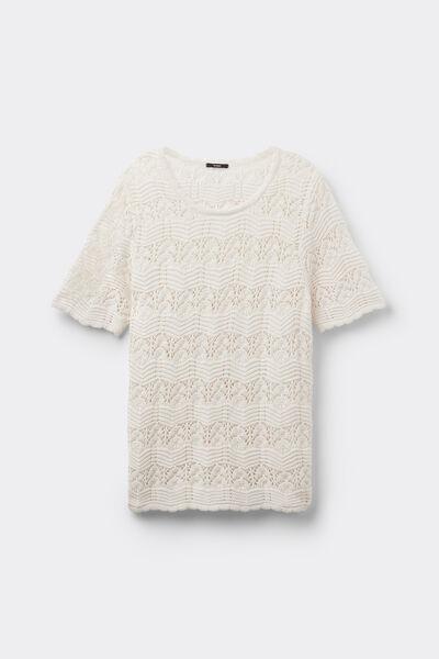 Beige Short Sleeve Crochet Top, 5701_526Y, large image number 4