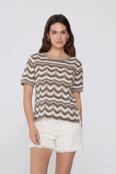 Brown Short Sleeve Crochet Top, , large image number 1