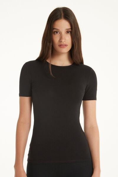 Black Crew-Neck Stretch-Cotton T-Shirt, , medium