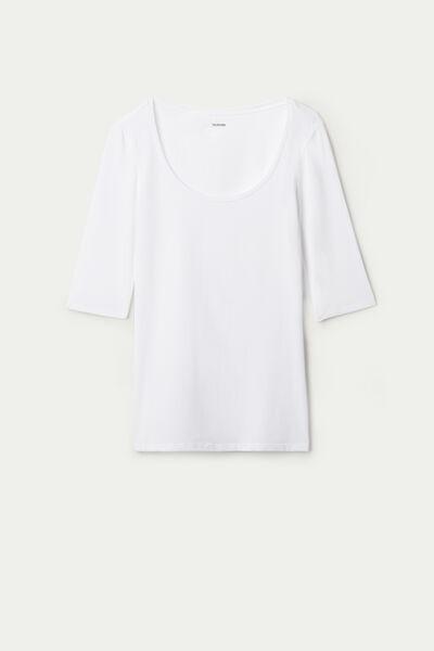 White Short-Sleeve Scoop-Neck Top In Cotton, Women, , large image number 4