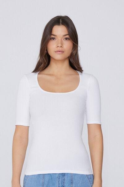 White Square Neck Ribbed T-Shirt, , large image number 0