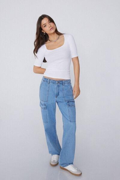 White Square Neck Ribbed T-Shirt, , large image number 1