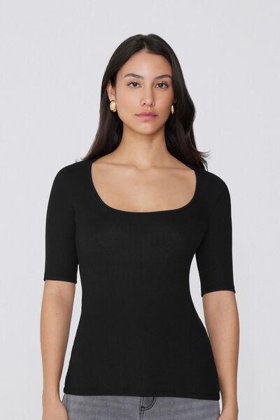 Black Square Neck Ribbed T-Shirt, , large image number 0