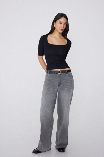 Black Square Neck Ribbed T-Shirt, , large image number 1