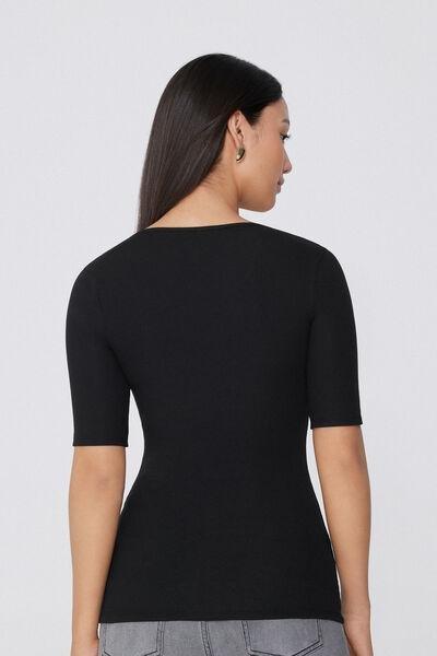 Black Square Neck Ribbed T-Shirt, , large image number 2