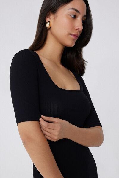 Black Square Neck Ribbed T-Shirt, , large image number 3