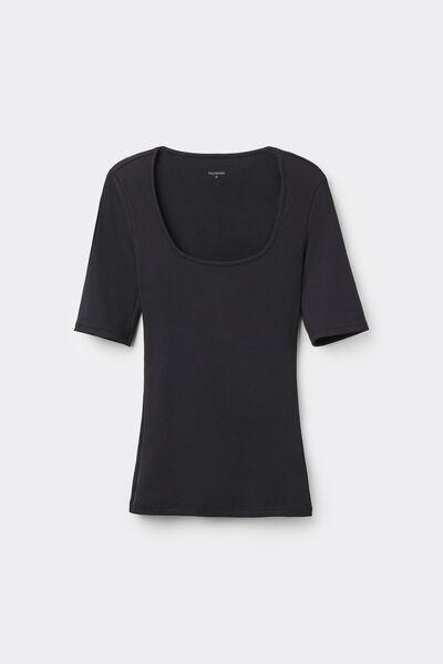 Black Square Neck Ribbed T-Shirt, , large image number 4