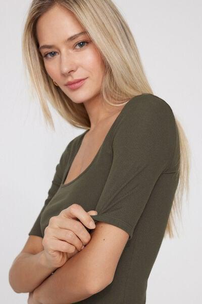 Green Short Sleeved Ribbed Cotton T-Shirt, 5701_226Z, large image number 3