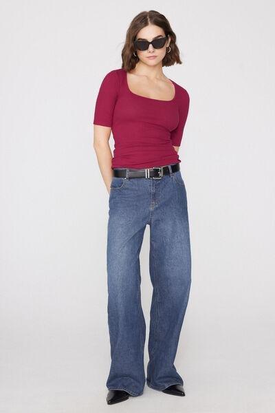Red Short Sleeved Ribbed Cotton T-Shirt, 5701_343Z, large image number 0
