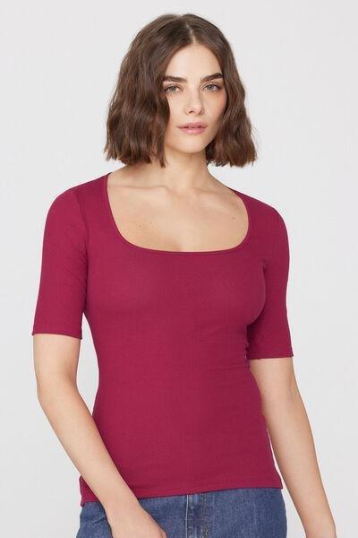 Red Short Sleeved Ribbed Cotton T-Shirt, 5701_343Z, large image number 1