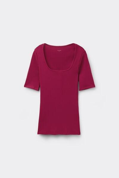 Red Short Sleeved Ribbed Cotton T-Shirt, 5701_343Z, large image number 4