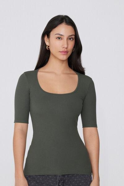Green Square Neck Ribbed T-Shirt, , large image number 0