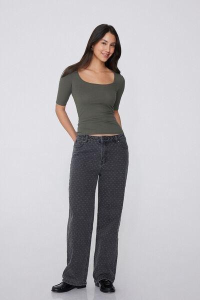 Green Square Neck Ribbed T-Shirt, , large image number 1