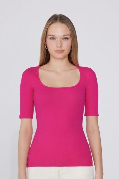 Pink Square Neck Ribbed Cotton T-Shirt, , large image number 0