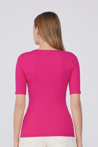 Pink Square Neck Ribbed Cotton T-Shirt, , large image number 2