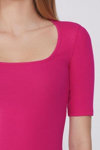 Pink Square Neck Ribbed Cotton T-Shirt, , large image number 3