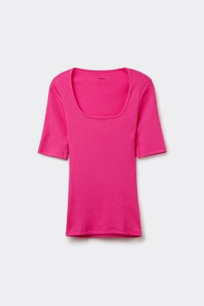 Pink Square Neck Ribbed Cotton T-Shirt, , large image number 4