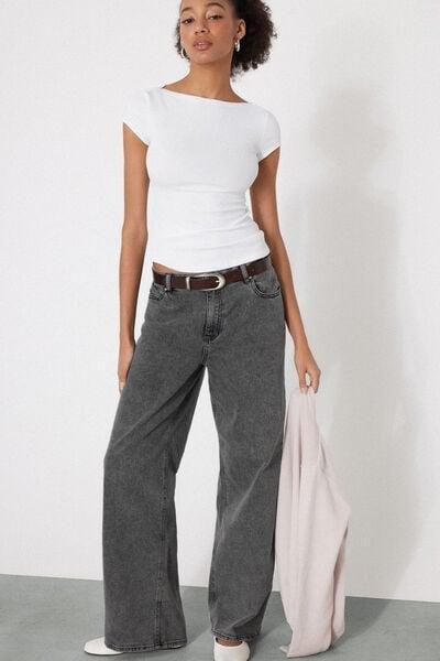 White Ribbed Boat Neck Cotton T-Shirt, White, large image number 0