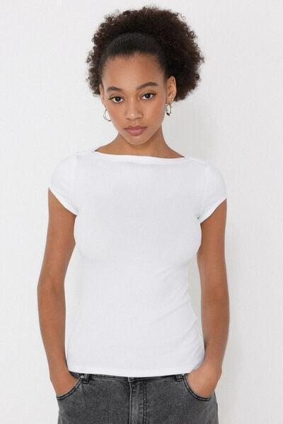 White Ribbed Boat Neck Cotton T-Shirt, White, large image number 1