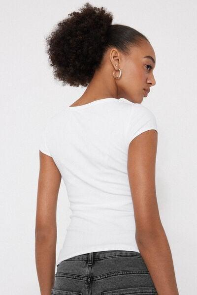 White Ribbed Boat Neck Cotton T-Shirt, White, large image number 2