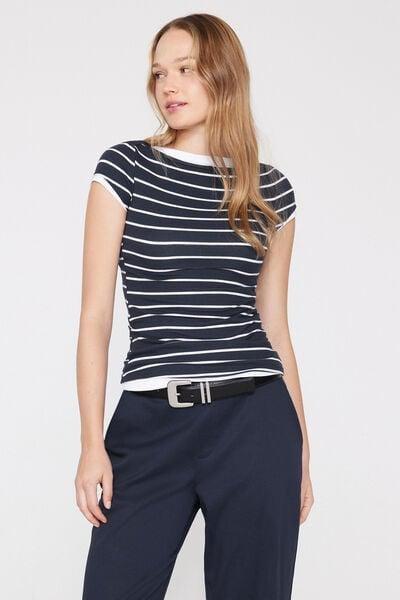 Navy Ribbed Cotton Boat Neck T-Shirt, 5701_322Z, large image number 0