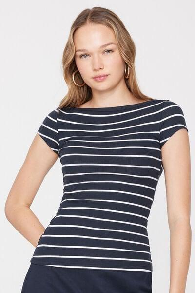 Navy Ribbed Cotton Boat Neck T-Shirt, 5701_322Z, large image number 1