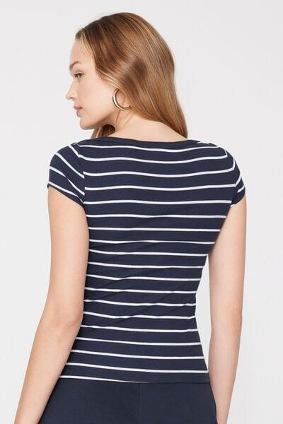 Navy Ribbed Cotton Boat Neck T-Shirt, 5701_322Z, large image number 2