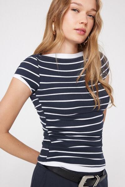 Navy Ribbed Cotton Boat Neck T-Shirt, 5701_322Z, large image number 3