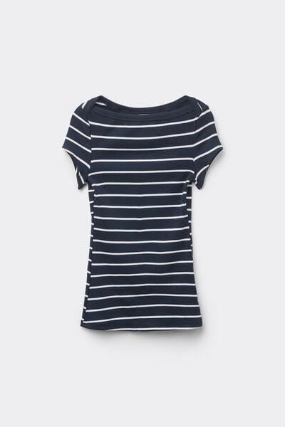 Navy Ribbed Cotton Boat Neck T-Shirt, 5701_322Z, large image number 4