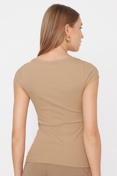 Beige Ribbed Boat Neck Cotton T-Shirt, 5701_361Z, medium