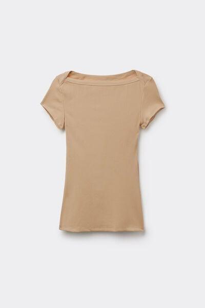Beige Ribbed Boat Neck Cotton T-Shirt, 5701_361Z, large image number 4