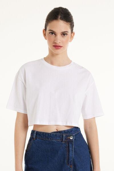 WHITE Boxy Crewneck Cropped Cotton T-Shirt, , large image number 0